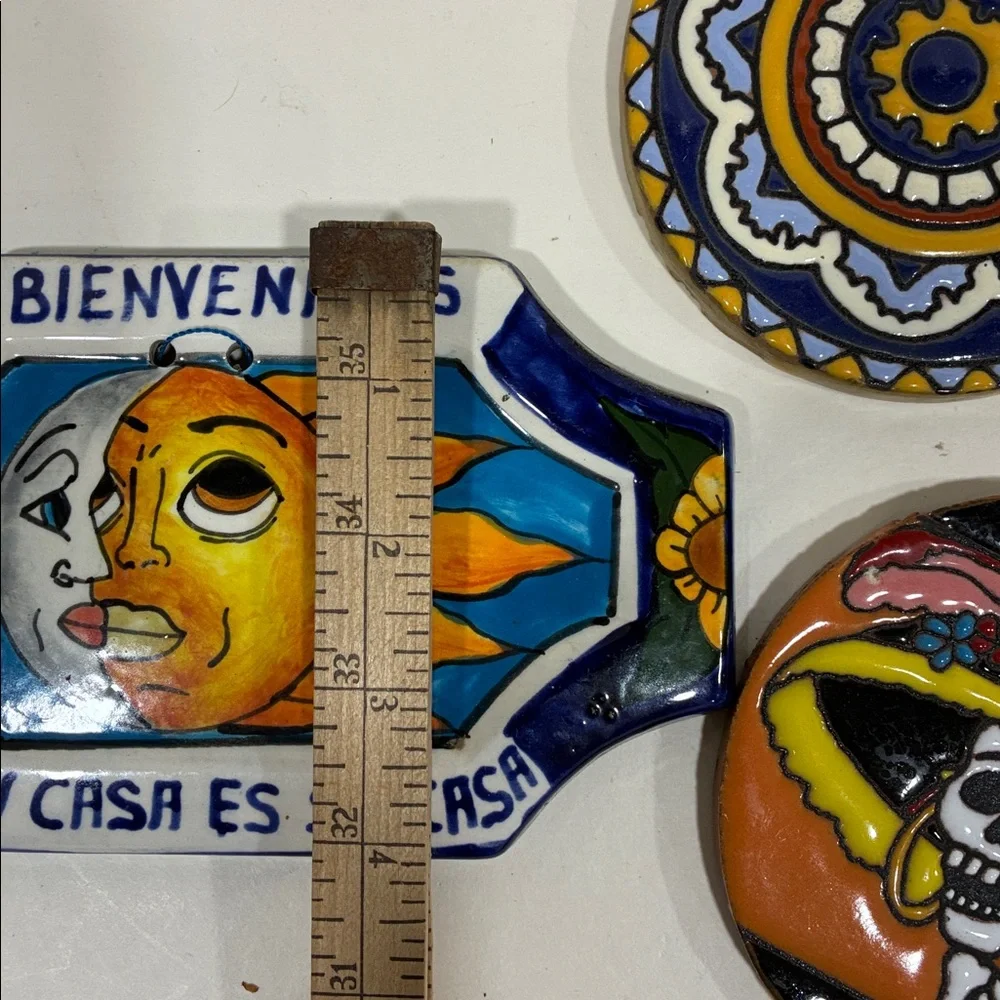 Mexican Wall Decor Ceramic Plaque PLUS 2 Coasters Very Colorful Day of the Dead